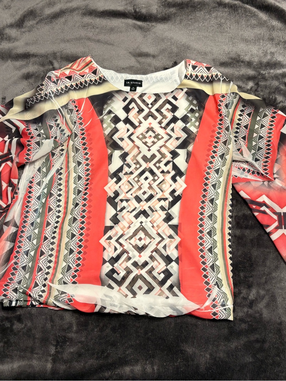 I.N. Studio Geometric Tribal Print Sheer Blouse in Coral, Black, White